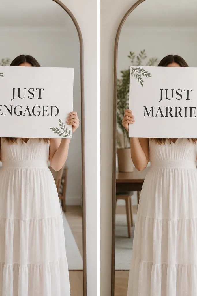 Two separate signs shown side-by-side in a mirror setup. Left sign says "JUST ENGAGED" with small greenery stickers at the corners. Right sign says "JUST MARRIED" with matching greenery placement. Both signs are held at the same height so the face framing matches.