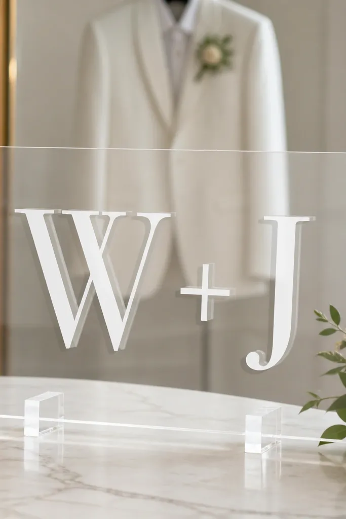 A clear white acrylic sign with a large monogram "W + J" in the center. The letters have a slight shadow behind them, visible through the acrylic. The mirror shows a white suit jacket and boutonniere above the sign.