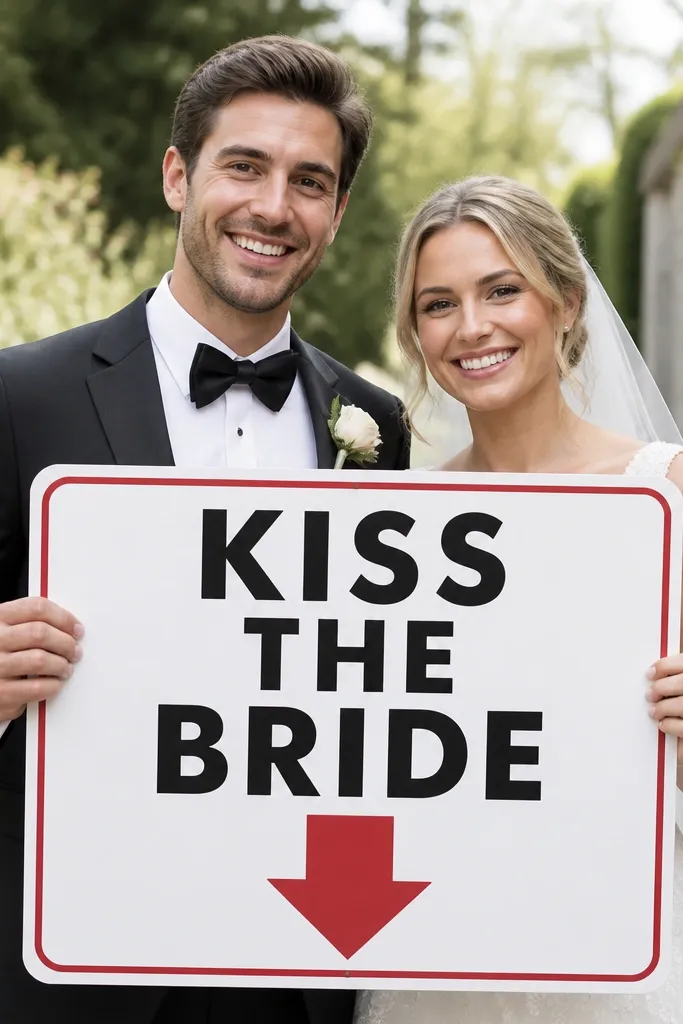 A white sign with a red arrow pointing down toward the center. Text reads "KISS THE BRIDE" in bold black letters inside a white border. The arrow and border are crisp, and the couple's faces are visible above the sign.