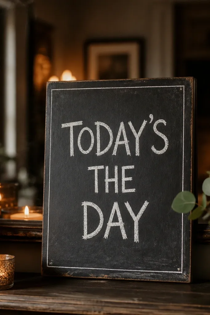 A dark charcoal sign with a chalkboard texture. The words "TODAY'S THE DAY" are written in white chalk-style lettering. A thin white border frames the sign. The mirror background shows a warm, dim room with candles.