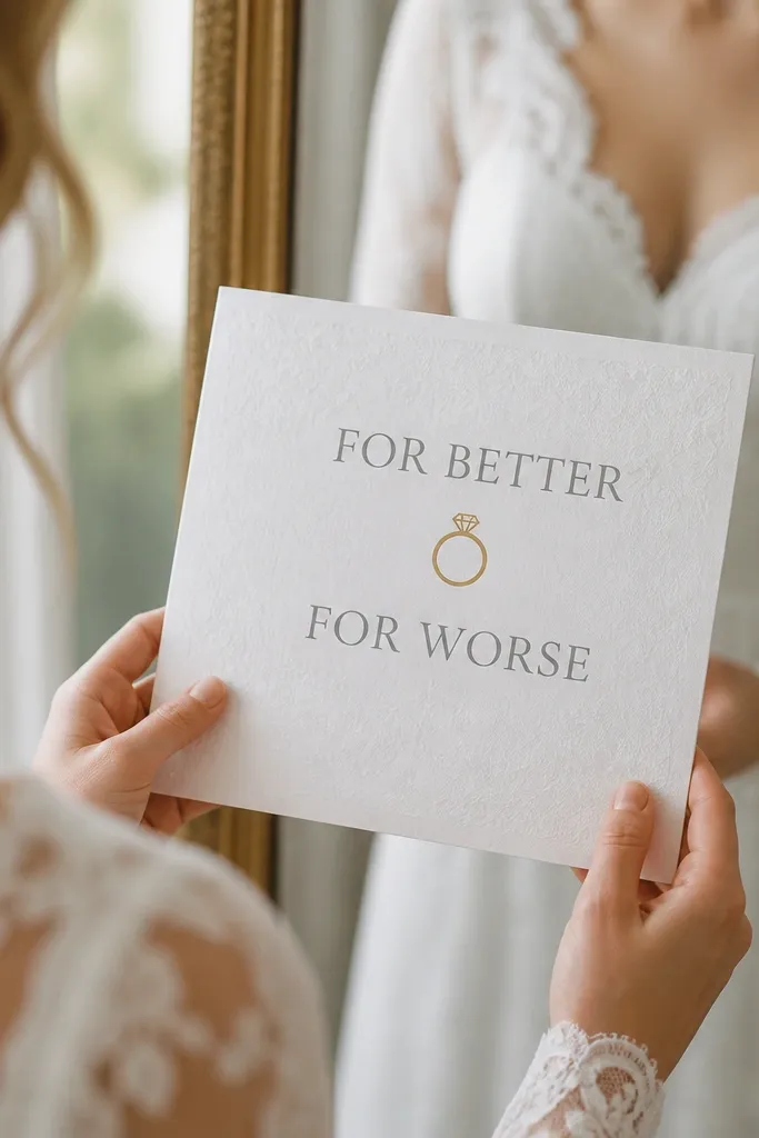 A white card with a subtle lace texture. Text reads "FOR BETTER" on the top line and "FOR WORSE" on the second line in soft gray. A small gold ring icon sits between the lines. The sign is held in front of a mirror with a lace wedding dress visible.