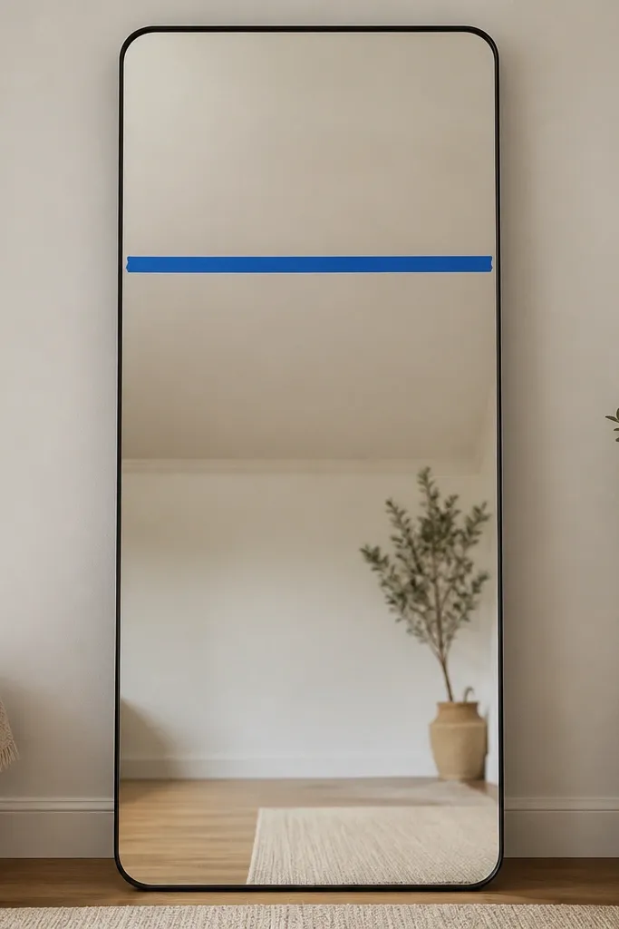 A full-length mirror with a thin strip of painter's tape marking a straight horizontal line at about chest-to-eye height; the area above is blank so the sign placement can be aligned.