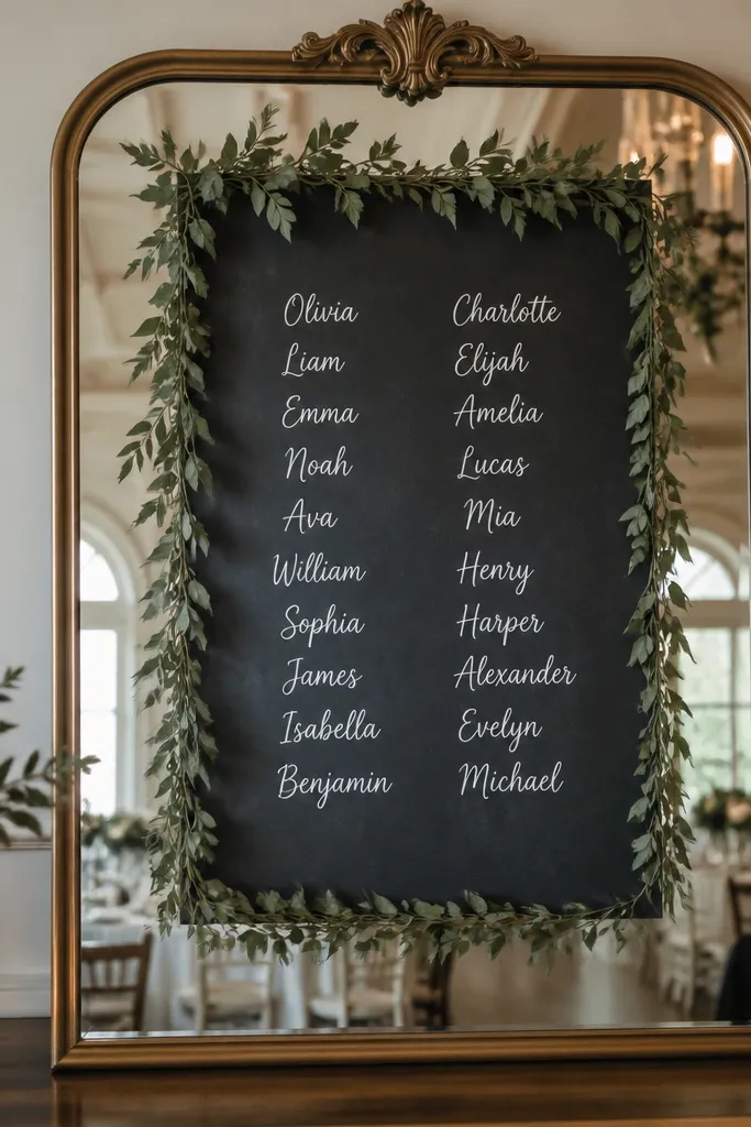 A mirror with a dark chalkboard-style sheet centered behind the sign area; the names are written in white chalk marker on the dark sheet, framed by a simple garland.