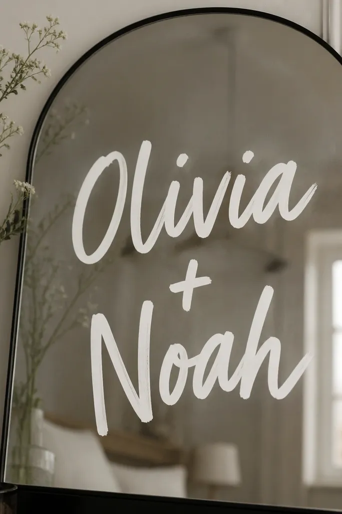 A mirror with hand-lettered names in off-white paint marker; the glass looks slightly matte where the primer was applied, and the letters are crisp with thick strokes.