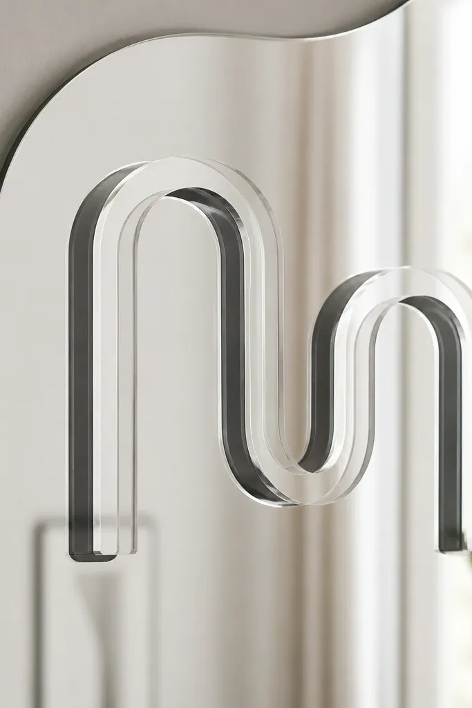 Translucent acrylic letters on a mirror with a dark outline effect created by a second layer; the letters cast a subtle shadow-like look.