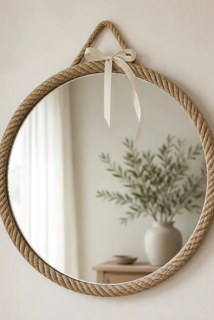 A mirror with a simple rope frame in warm tan and a thin ribbon accent; the sign is centered inside the frame with clear spacing around the letters.