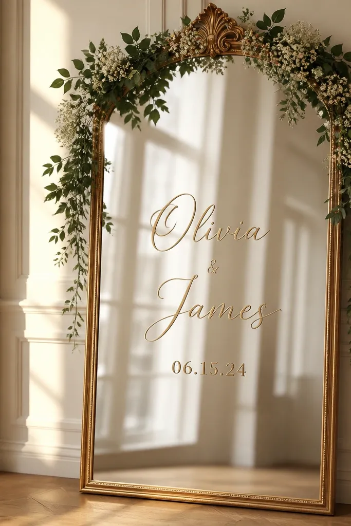 A mirror where the names and date are already placed in the center, with greenery and small white flowers arranged above and on the sides, not covering the letters.