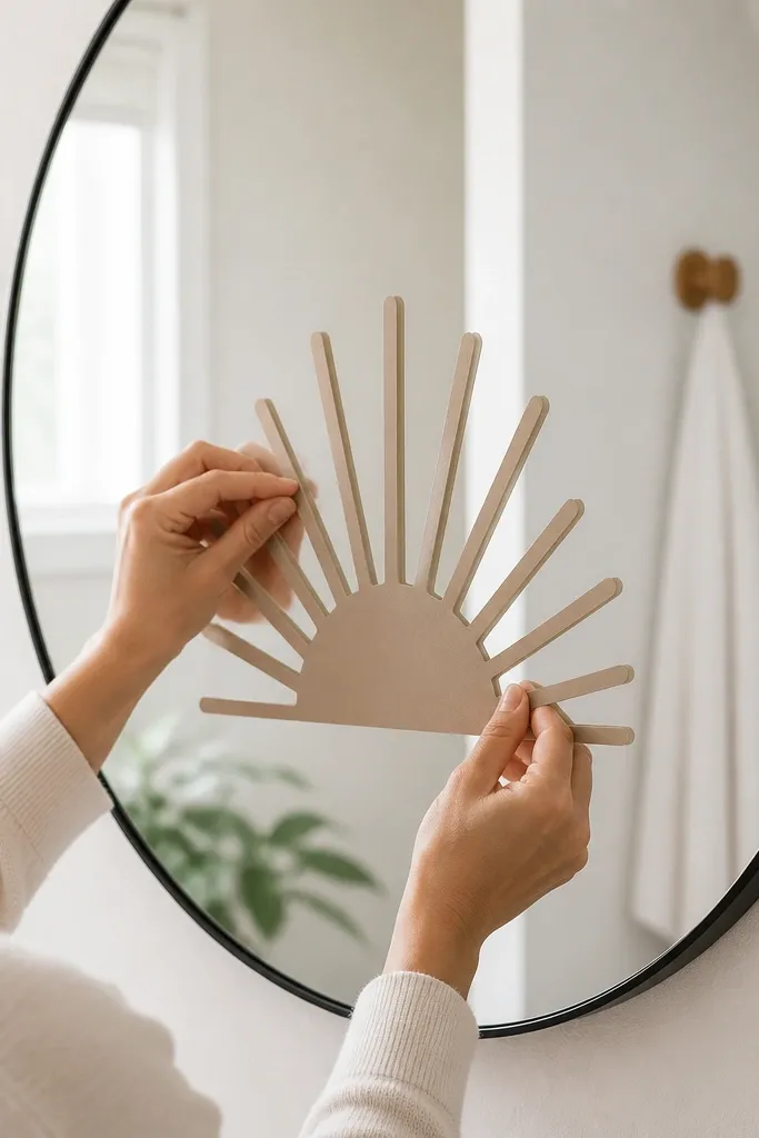 Small removable adhesive squares placed behind a vinyl sign on a mirror; the squares are hidden under the letters and do not touch the glass edges.
