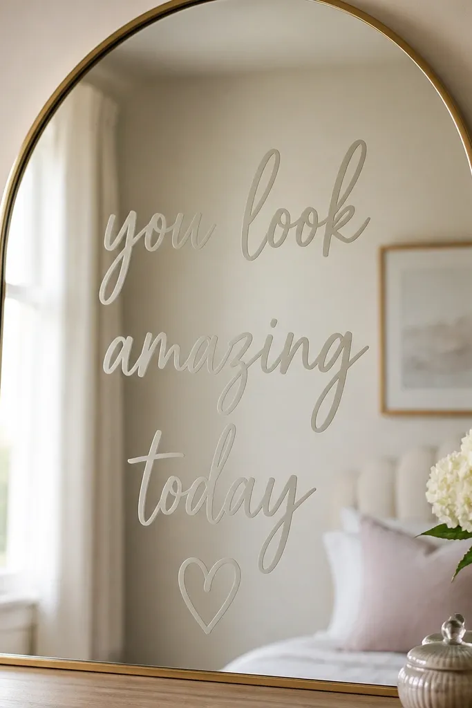 A mirror with script-style lettering that stays evenly spaced because a clear stencil was used; faint stencil marks are visible around the letters.