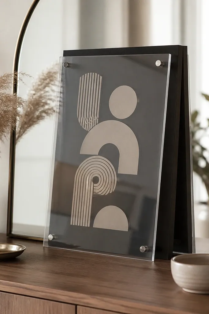 A clear acrylic panel leaning against the mirror with printed letters and a dark backing sheet behind it; the panel can be removed for cleanup.