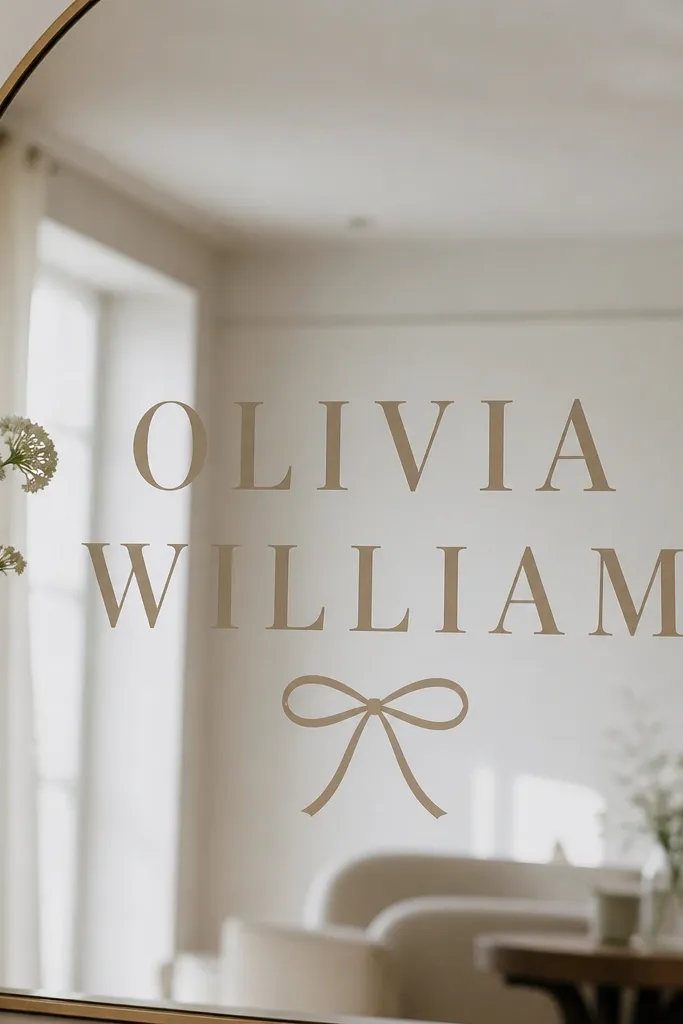 A mirror sign with bold serif matte vinyl names, and a small thin ribbon bow centered underneath; the bow is tied neatly with loops and tails.