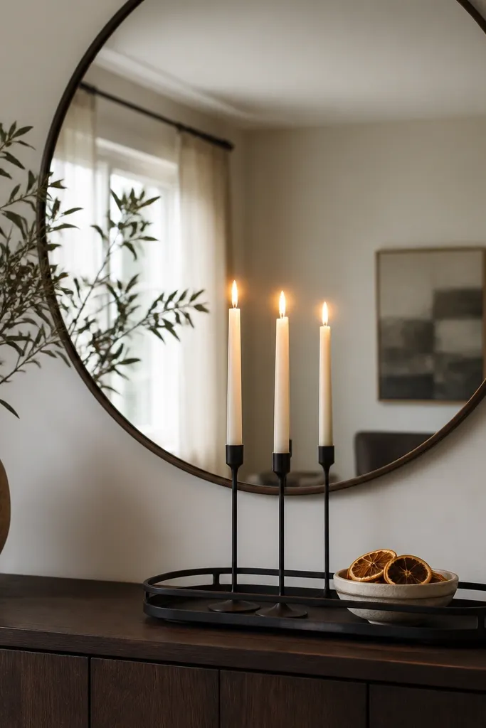 A large round mirror above a dining sideboard. In front sits a black metal tray holding three white taper candles and a small bowl of dried orange slices. The mirror reflects the candles into a soft glow.