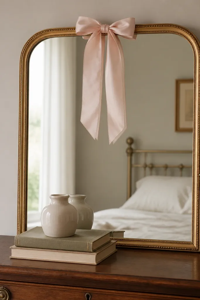 A rectangular mirror with a gold frame on a bedroom dresser. A pale blush silk ribbon bow hangs at the top center of the mirror frame. Two books are stacked beneath with a small ceramic vase on top.