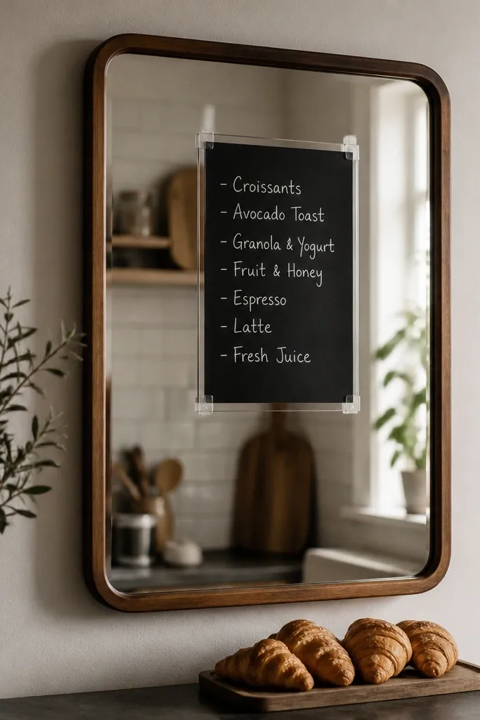 A mirror on a kitchen wall with a small clear acrylic sheet taped to it. Behind the acrylic, a piece of black paper shows handwritten menu items in white chalk marker. A small tray with croissants sits below.