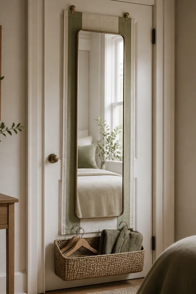 A full-height mirror mounted on a closet door. A vertical fabric strip in muted sage and cream hangs behind it, held by two small hooks. Below, a slim basket holds hangers and a folded robe.