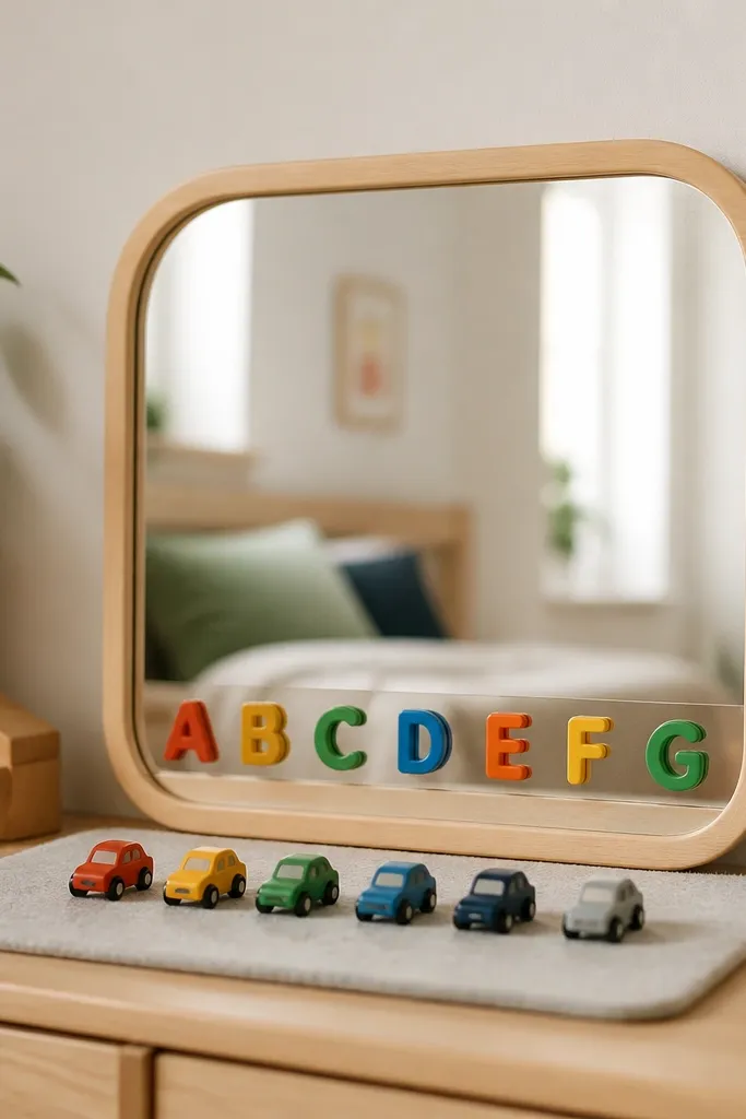 A kid-sized mirror with a rounded frame. Around the lower edge are magnetic letter shapes on a thin metal strip. A small felt mat sits in front with toy cars aligned neatly.