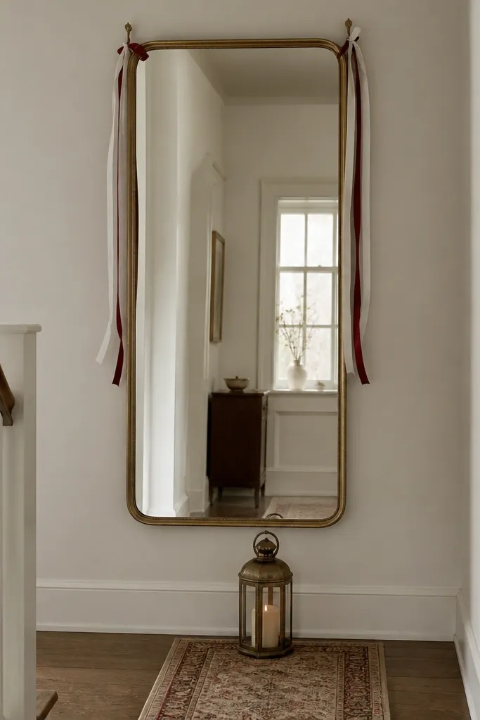 A mirror mounted on a stair landing wall. From the mirror's top corners hang thin ribbon streamers in white and burgundy, tied to small hooks. Below, a runner rug and a small lantern sit centered.