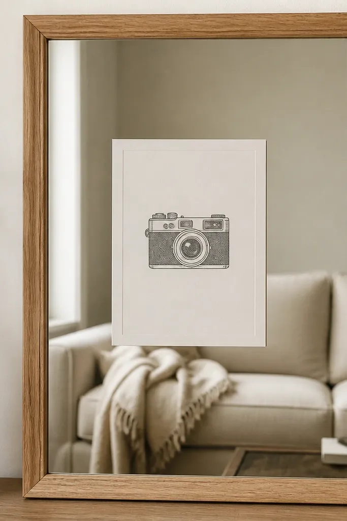 A mirror with a simple wooden frame overlay made from picture frame molding. In the center is a printed 8x10 "say cheese" card. The reflection shows a couch with a neutral throw.