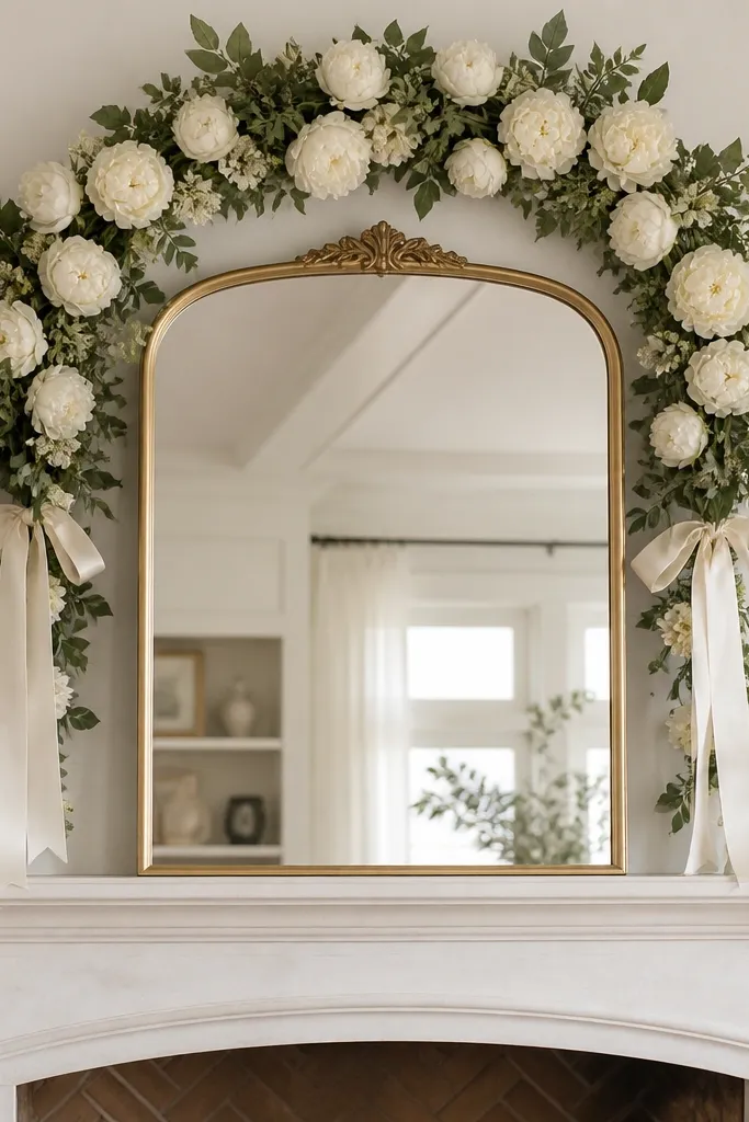 A mantle mirror above a fireplace. Behind the mirror hangs a soft arch of faux white peonies and greenery, tied with a satin ribbon. Two candle holders sit on the mantle edges.