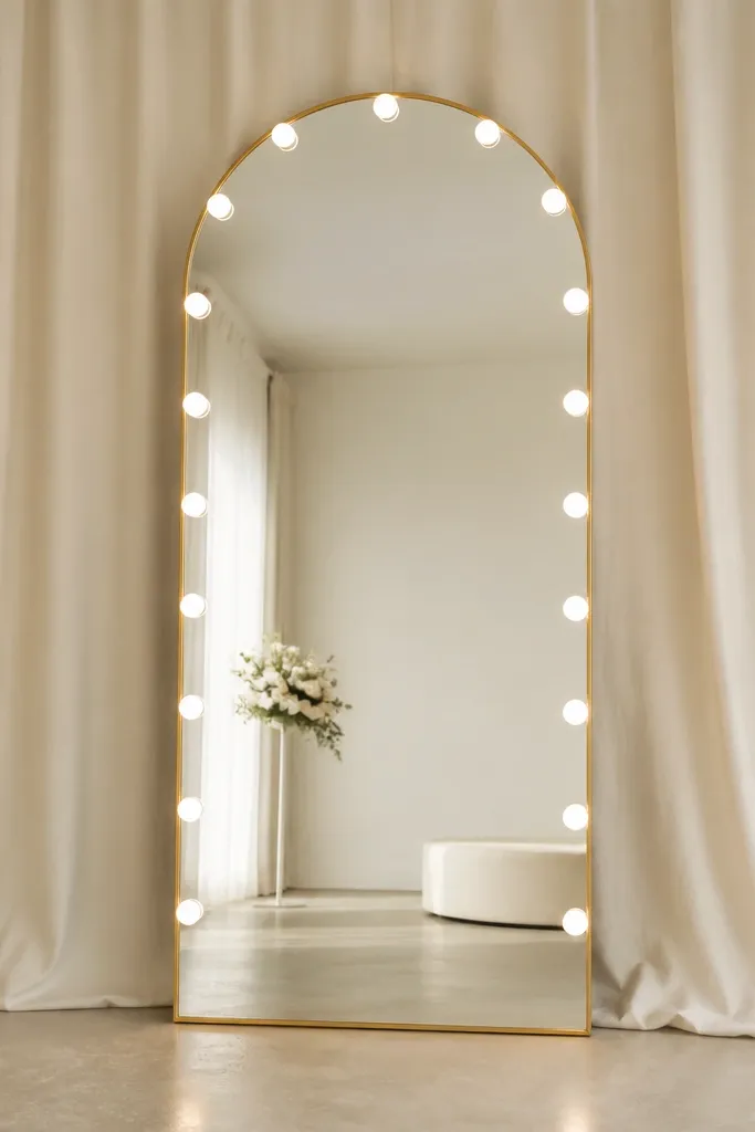 A wedding mirror with lights set in front of a single cream curtain panel. The background is smooth and unpatterned. The reflection shows a clean backdrop with no busy wall details.