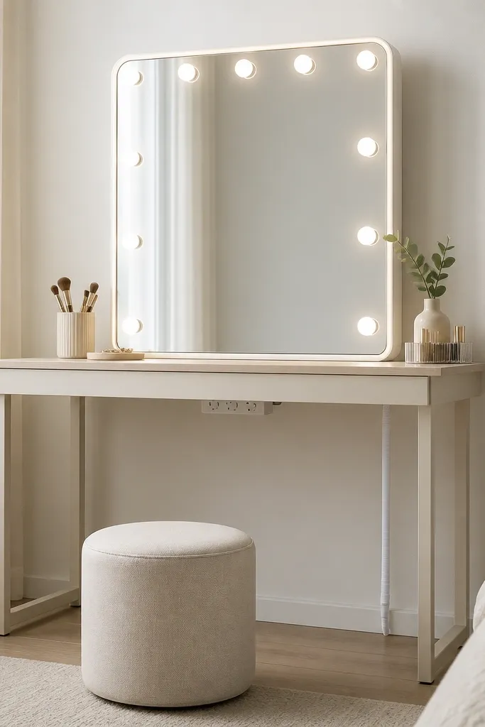 A mirror with lights where the power cord runs straight down the back leg and is hidden behind a white fabric cable cover. A small power strip is zip-tied to the underside of a vanity platform.