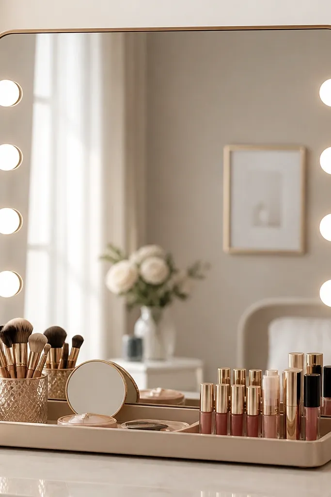 A wedding mirror with lights with a low, wide tray centered below the mirror. Makeup brushes, a compact mirror, and lip products are neatly arranged inside. The tray edges stay out of the main reflection.