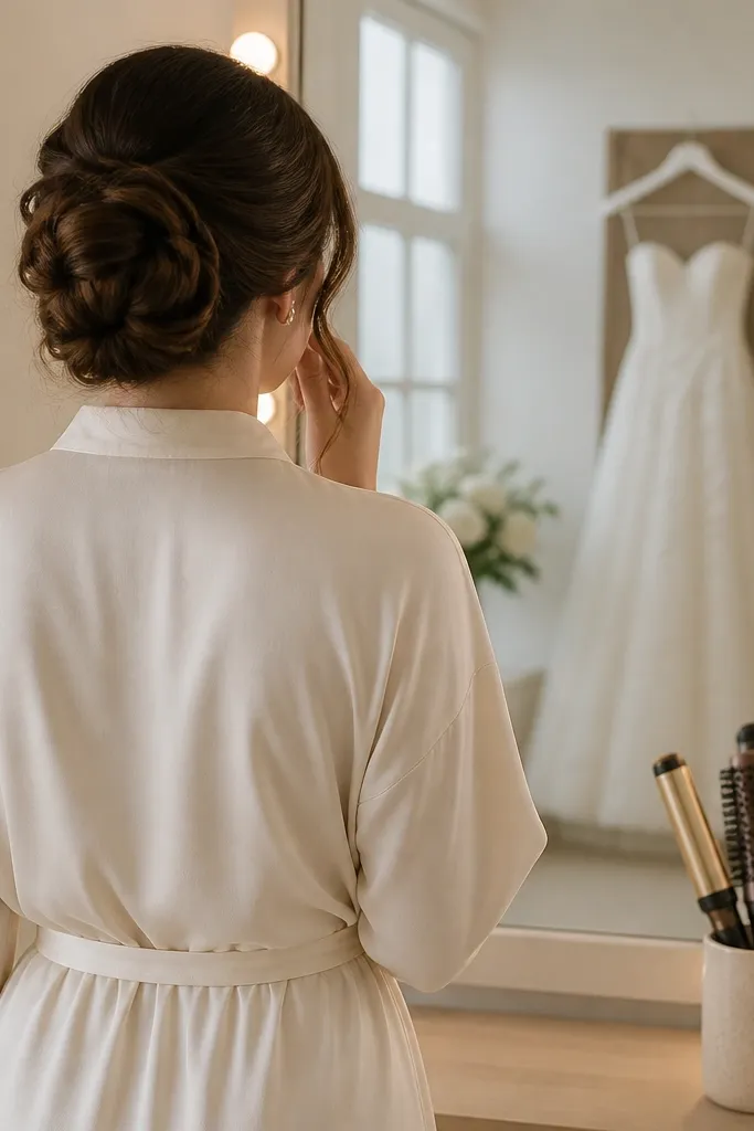 A person stands at a wedding mirror with lights wearing a soft cream robe. Hair tools sit in a small cup. The robe fabric absorbs stray light and keeps the scene cohesive.