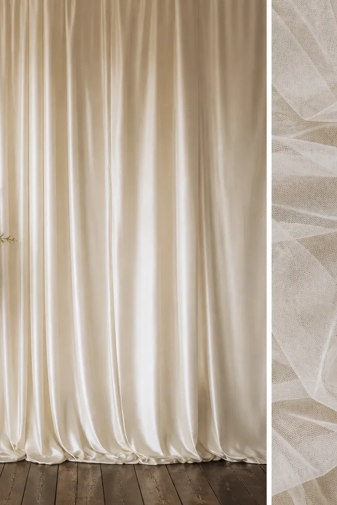 A stage backdrop draped in ivory satin panels with soft vertical folds. The fabric hangs straight, with gentle highlights. Nearby, there's a small sample of thin tulle laid flat showing how it looks see-through and wrinkly.