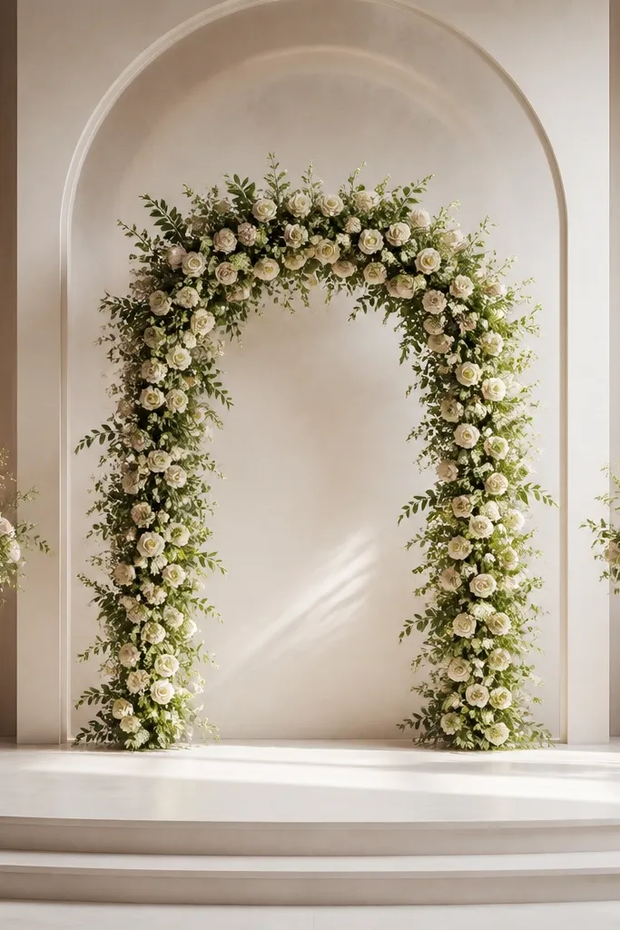 A wedding stage with a single floral arch at center. On both sides, there are smaller arrangements on stands. The arch is clearly taller and fuller, while side pieces are lighter and spaced apart.