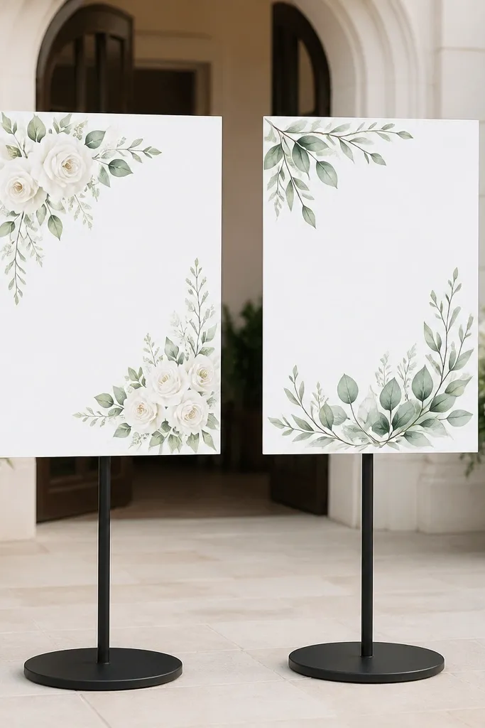 Two wedding signs made from foam board with clean printed graphics. Each sign is mounted on a sturdy stand with weighted base. The signs look flat and straight, with no bending at the top corners.