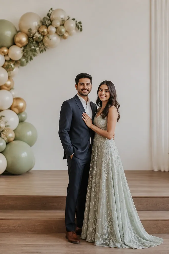A stage with a balloon cluster placed to the side, not directly behind the couple. The balloons are arranged in a gentle arch shape with a mix of matte and satin finishes, and the couple's faces are unobstructed.