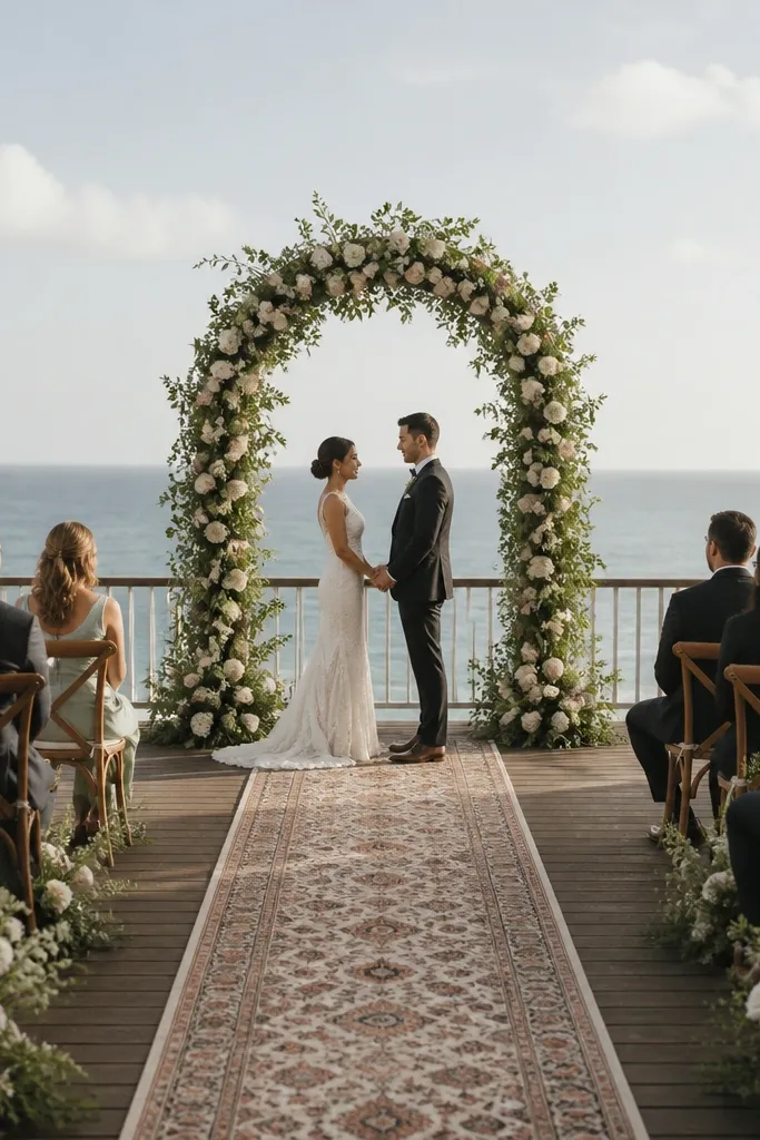 A stage with a patterned runner rug leading toward the couple's feet. The runner extends beyond the seating area edges and is centered under the arch. The rug edges are straight and not bunched.