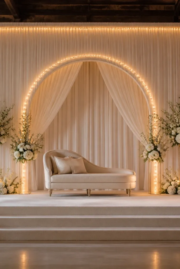 A stage with soft string lights outlining the backdrop edges and arch. The cables are hidden behind fabric panels and secured with zip ties. The lights form straight lines and gentle arcs.