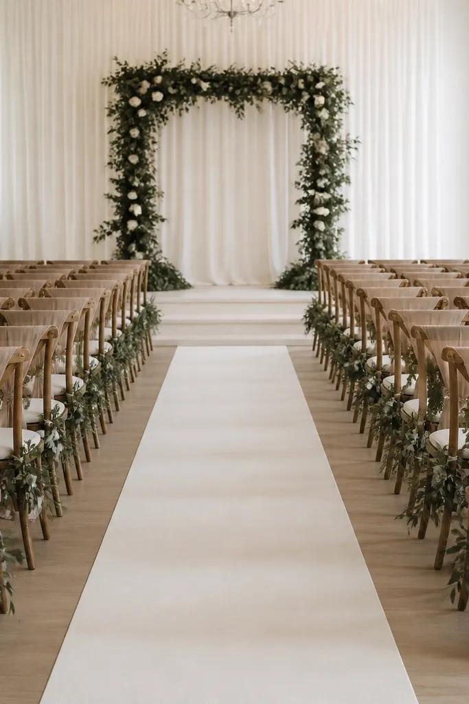 Rows of chairs with matching fabric ties at the back. The aisle runner edges look straight and aligned with the stage center. Subtle greenery garlands sit low along the chair backs.