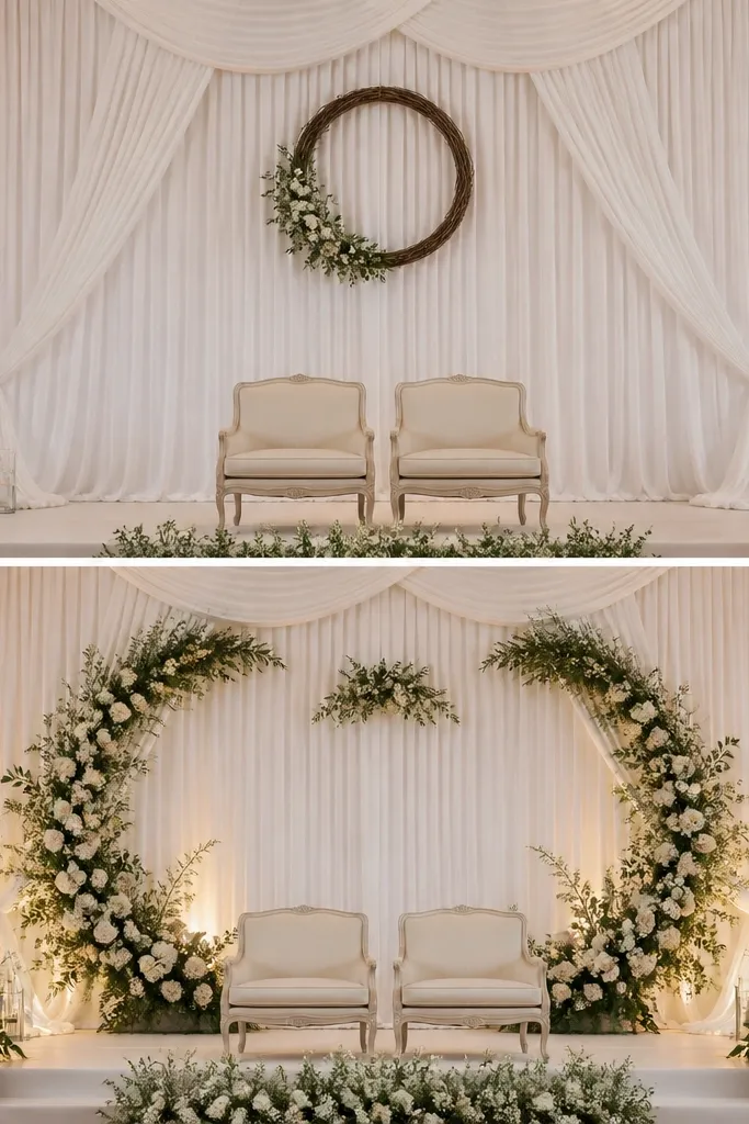Split view of a wedding stage. Before: a simple draped backdrop with one round wreath placed at the center, and the couple's chairs are visible with minimal decoration. After: the same backdrop now has two matching half-halo wreaths on the left and right, with a small center greenery sprig and fuller floral volume on both sides.