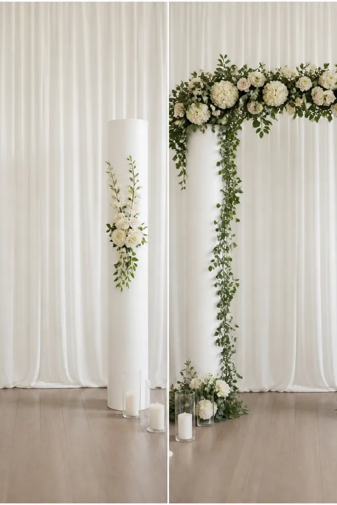 Before side shows two white foam columns placed at the front corners with sparse, budget-looking flower sprays. After side keeps the columns but adds thick real-stem style garland "caps" across the top and trailing greenery down the inner edge of each column, with a fuller base ribbon.
