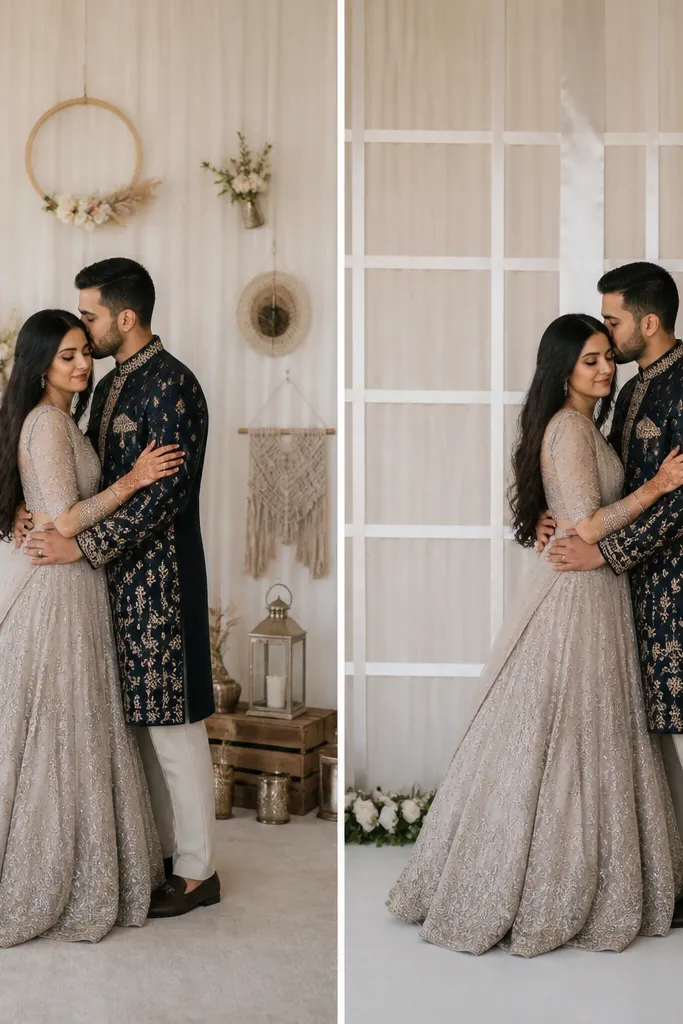 Before: a fabric backdrop covered with multiple signs, small decor clusters, and mixed textures hanging at random heights. After: the same backdrop has a clean grid of satin ribbon lines, with two vertical ribbon strips behind the couple and a simple floral line at the bottom edge.