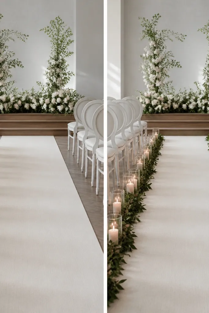 Before side shows white chair backs with a plain aisle runner leading to the stage. After side shows the same chairs and runner, but now the runner has a garland edge along both sides near the stage and a straight line of low floor candles with glass hurricane holders.