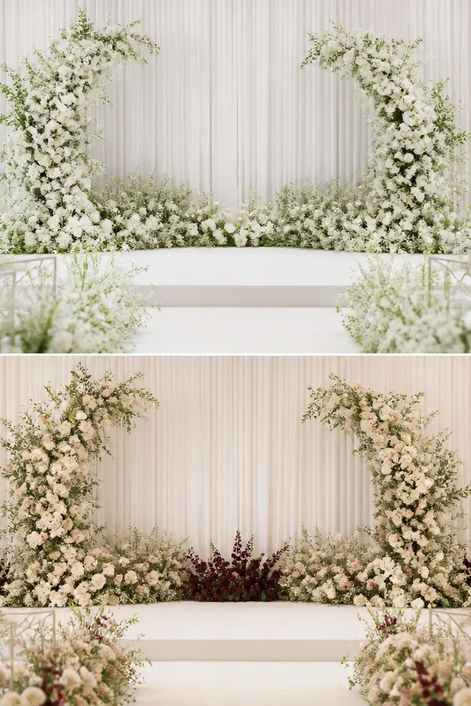 Before: a stage with white flowers and white greenery throughout, with white drape behind. After: the same stage palette shifts to cream and blush flowers, with greenery still present and one deep burgundy accent cluster placed at the center base and one matching sprig on each side.