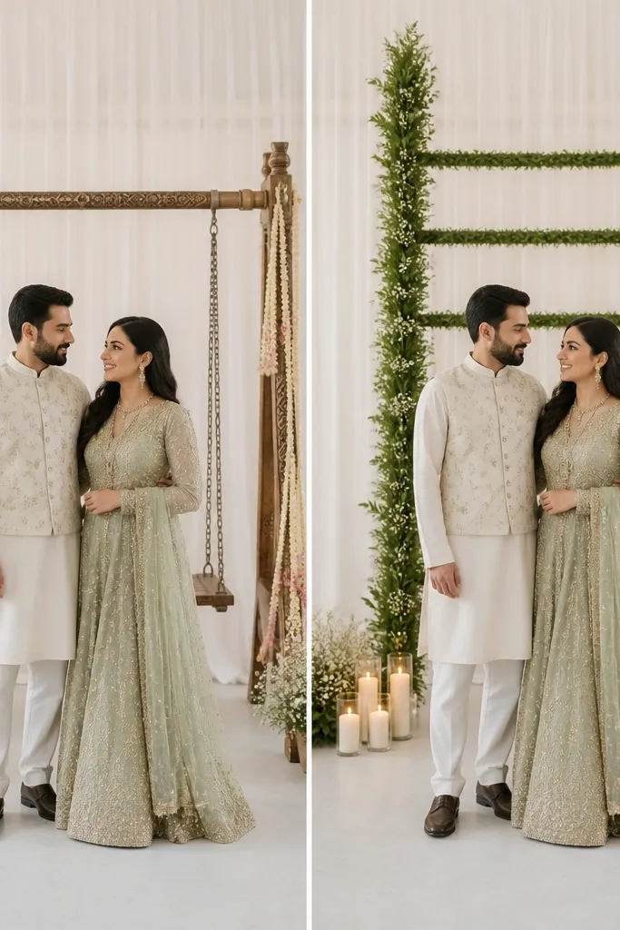 Before side shows a decorative wooden swing prop behind the couple with loose hanging pieces. After side shows the same stage area replaced by a symmetrical greenery ladder arrangement made of two vertical lines and horizontal garland steps, with candles at the base.