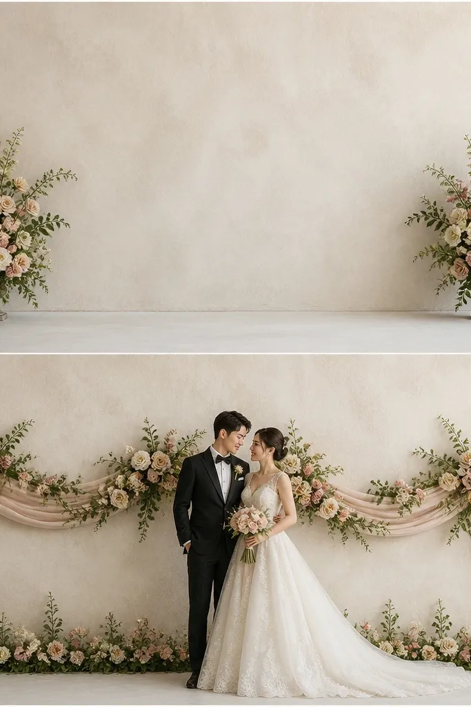 Before: a plain backdrop with two bouquets placed on either side of the couple area. After: the backdrop now has a continuous garland ribbon running across the width behind the couple, with bouquets integrated into the ribbon and a small base floral line.