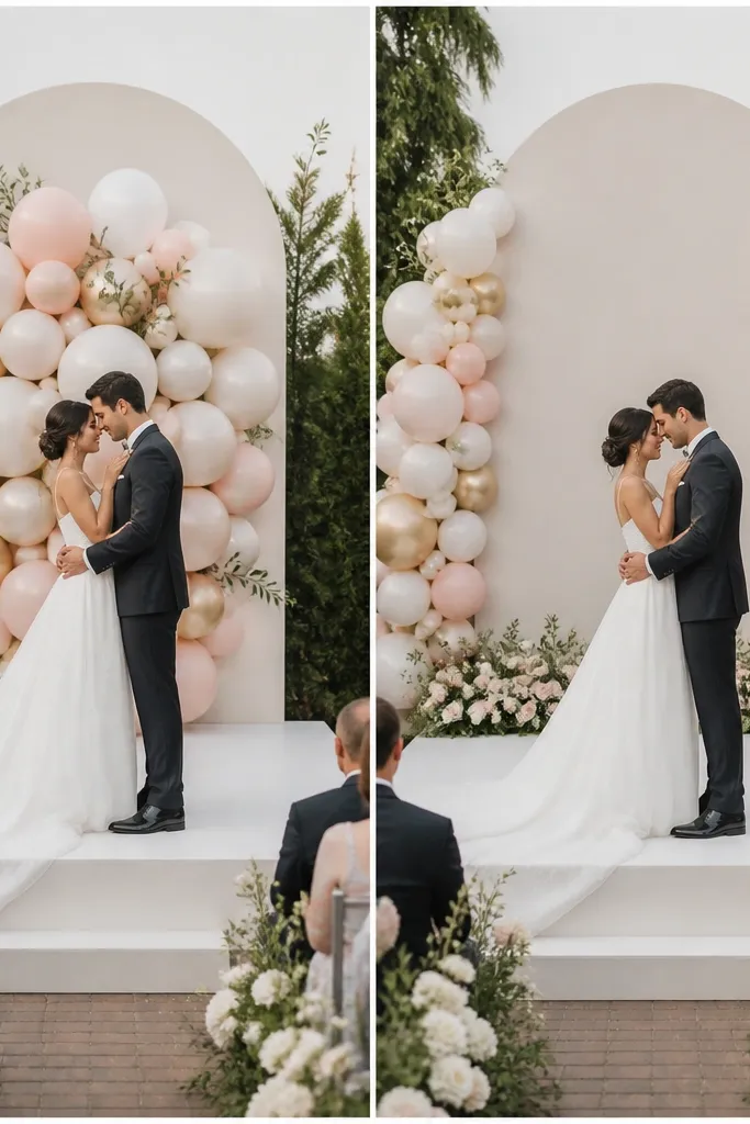 Before side shows balloons clustered directly behind the couple on the center backdrop. After side shows the same balloons, but they're shifted to the left and right edges, leaving the center clear with a simple floral line at the base.
