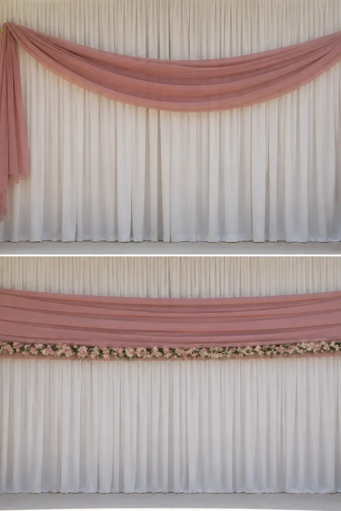 Before: a single long table runner is draped across the stage backdrop with loose ends. After: the same fabric is layered into two or three bands with straight edges, plus a small floral strip at the bottom of the top band.