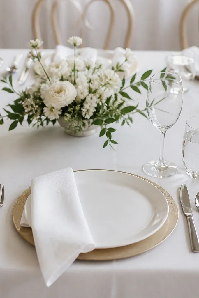 A wedding table setting on a white tablecloth: a charger plate, a white dinner plate, a folded white napkin placed to one side of the plate, three pieces of cutlery aligned neatly, and clear water and wine glasses. The centerpiece is low and simple, leaving space between place settings.