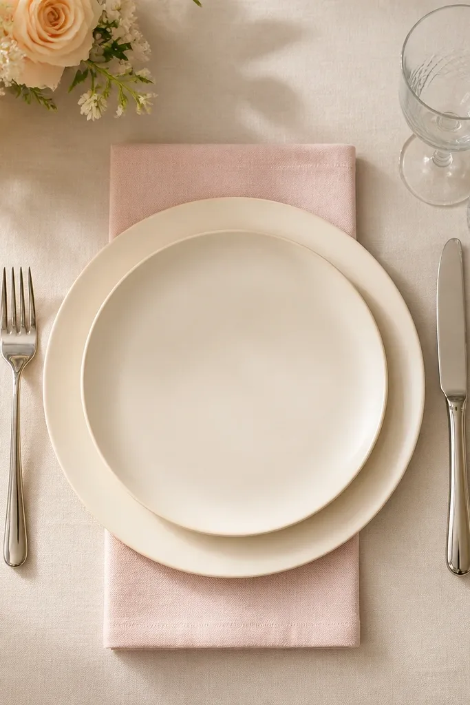 A place setting with an ivory charger plate under a cream dinner plate. A blush pink napkin is folded into a simple rectangle and placed on top of the charger. Cutlery is lined up symmetrically, and two clear glasses sit above the knife and fork area.