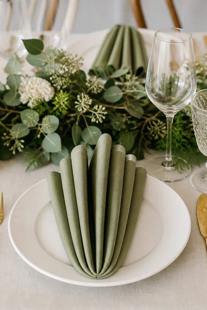 A place setting with a white plate, sage green napkin folded into a neat vertical fan. Cutlery has a warm gold tone, and there are two glasses. The centerpiece is greenery-heavy but low, so it doesn't block sightlines.