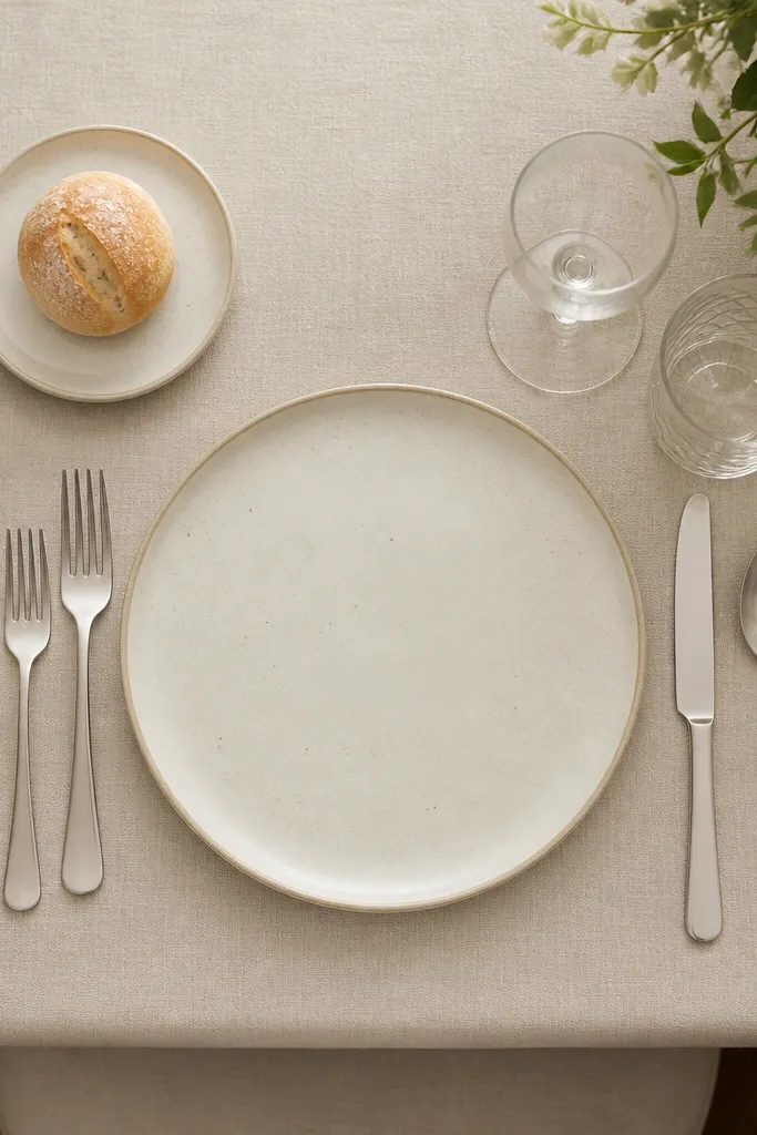 Each setting has a bread plate near the top left with a small roll. A linen napkin is rolled and tucked beside the bread plate. The main dinner plate sits centered with cutlery aligned and two glasses on the right.