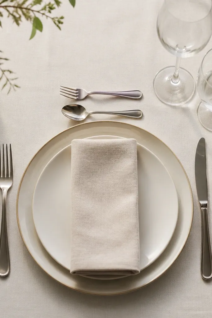 A setting with dinner cutlery arranged normally, plus a second smaller dessert fork and spoon placed slightly above the dinner plate on a separate line. Napkin is folded and centered. Two glasses sit at the top right.