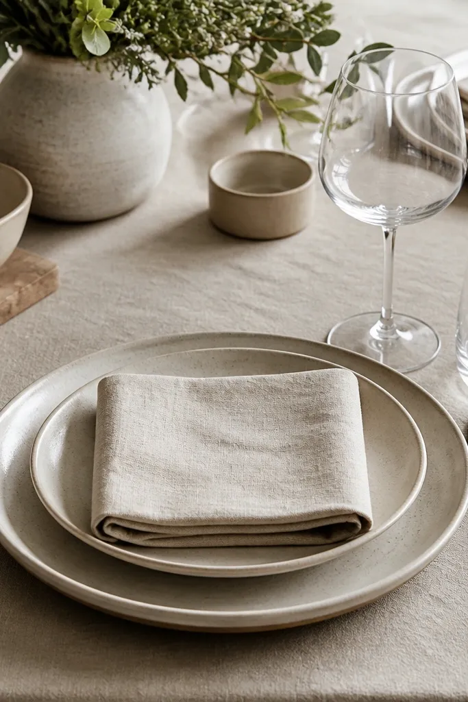 A rustic-modern table setting with matte stoneware plates in oatmeal tones. The napkin is folded in a simple square and placed on top of the plate. Cutlery is brushed silver and glasses are clear.
