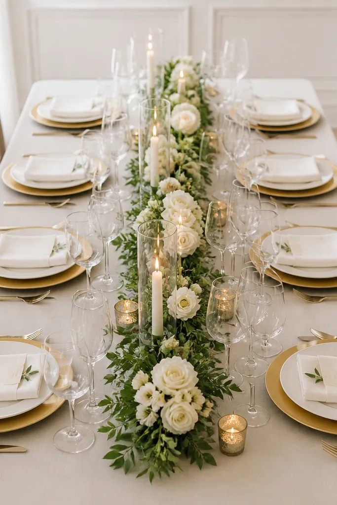 A long wedding table set for eight guests. Each place setting has a white dinner plate, a 12-inch gold charger underneath, and a folded white linen napkin centered on top. The forks and knives are aligned on the left and right edges of each plate, with consistent gaps between settings. Place cards sit at the napkin corner, and the stemware is placed in a straight line above the plate centers.